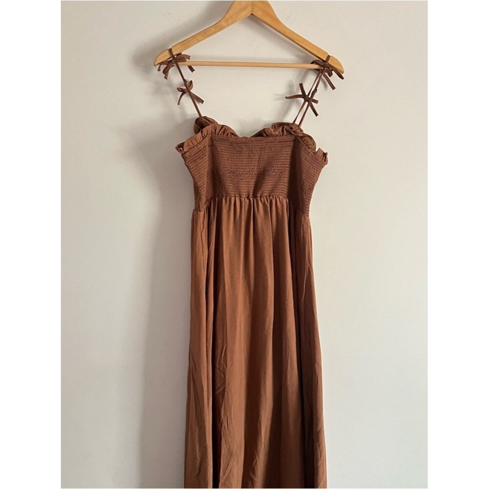 By The River Dress Large Brown Smocked Tie Strap Boho Maxi Summer Flowy - Picture 8 of 9